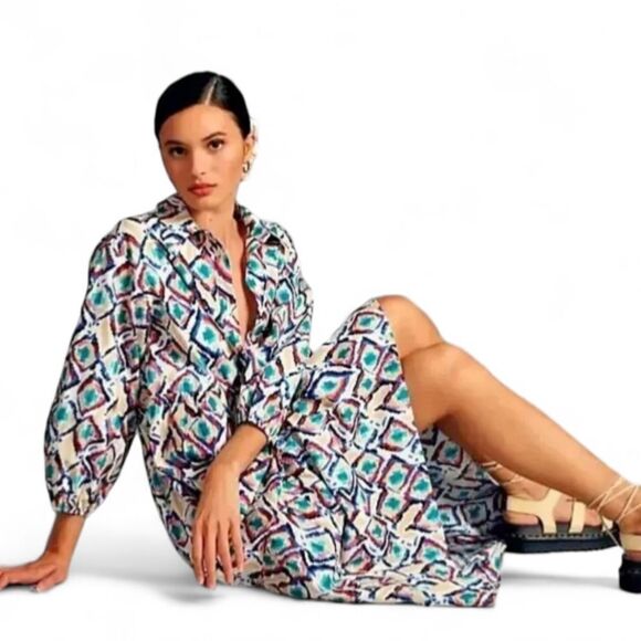 Anthropologie Bettina Tiered‎ Oversized Flowy Shirt Maxi Dress Maeve Sz M NWOT - Picture 2 of 12